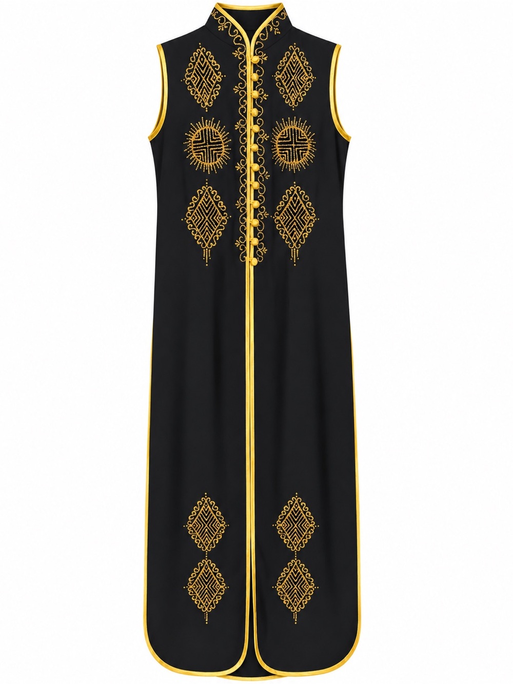 Black Maxi Dress with Gold Embroidered Trim